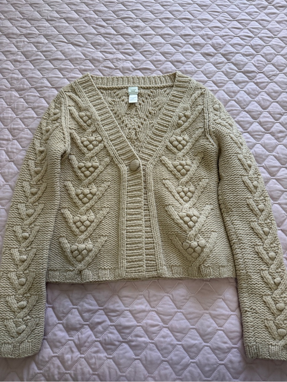 Garnet Hill Cream Cable-Knit V-Neck Cardigan